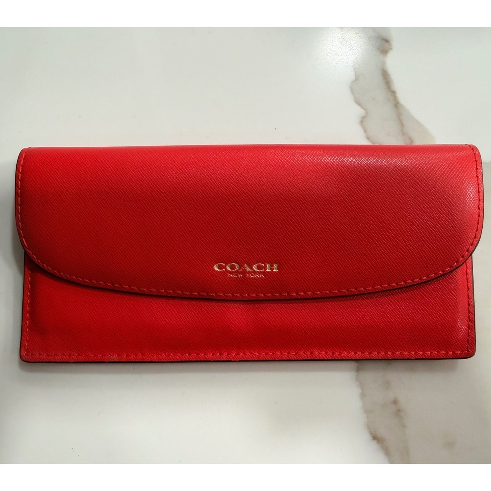 Coach Red Crossgrain Leather Slim Envelope Wallet Snap Closure Gold Logo